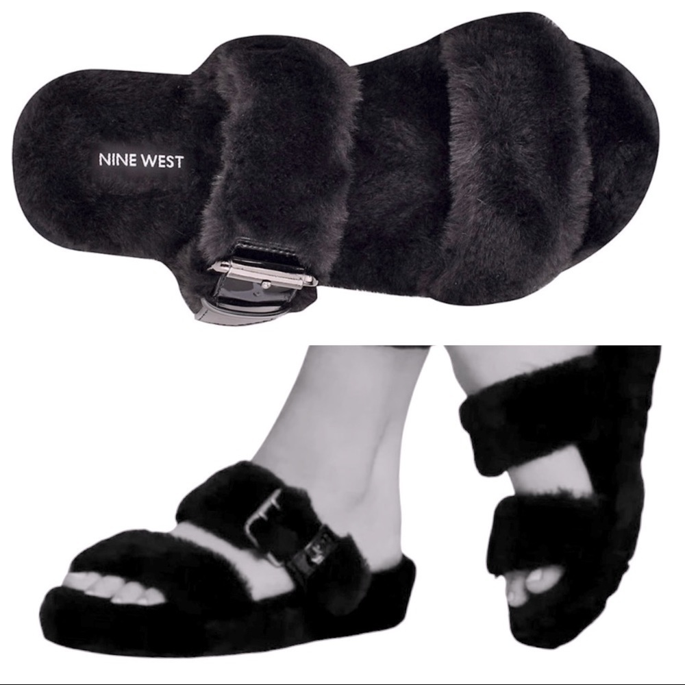NINE WEST Women's Funkie2 Flat Faux Fur Black Sandals Size 7M - Picture 2 of 8